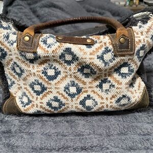 Myra Bag Geometric Tote with Brown and Blue Accents